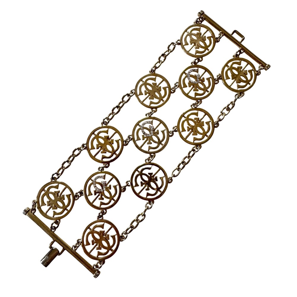 Vintage Guess Logo Wide Chain Link Statement Bracelet Gold Rhinestones Y2K - Picture 2 of 6